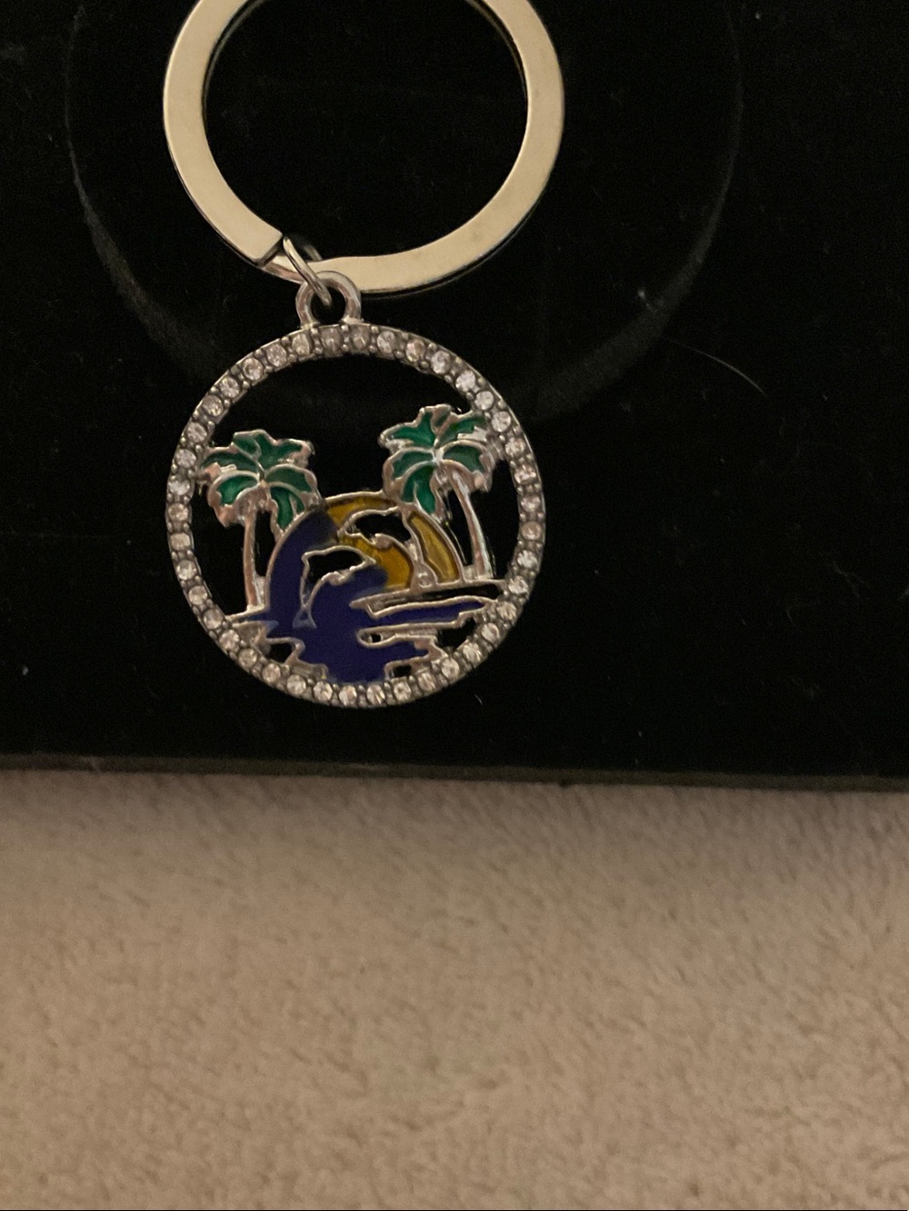 Silver Palm Tree & Dolphin Enamel Keychain - Blue, Green, Gold Accent - Picture 2 of 2